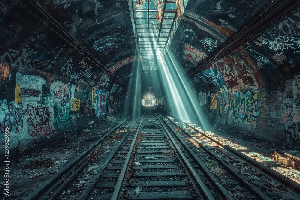 Obraz premium Sunlight pierces through an abandoned train tunnel, illuminating graffiti-covered walls and decaying railway tracks, creating a dramatic and mysterious scene.