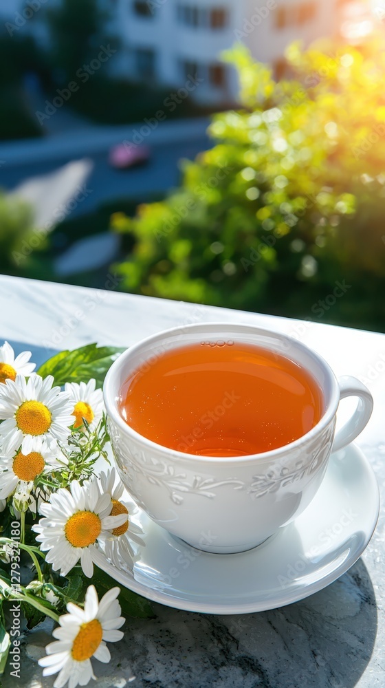 Chamomile calming infusion in delicate teacup on sunlit balcony relaxing drink photography soft ambient light tilted angle Chamomile calming infusion in delicate teacup on sunlit balcony relaxing drink photography soft ambient light tilted angle