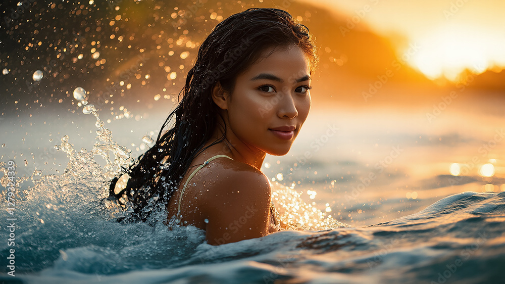 Obraz premium Woman swimming in ocean at sunset, enjoying the warm glow and refreshing water in a serene beach setting