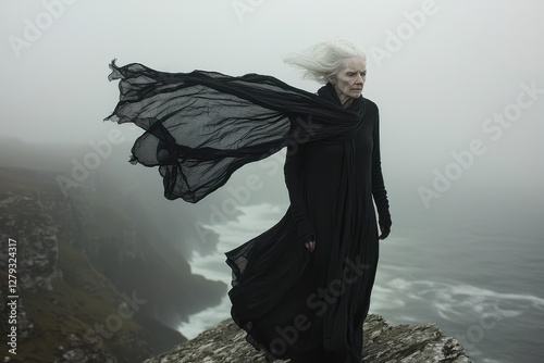 An enigmatic woman in black stands on a windswept cliff, her grey hair and flowing shawl accentuating the ethereal, moody atmosphere of the misty coast.