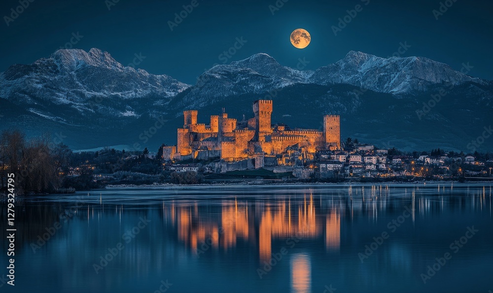 Fototapeta premium Enchanting Nighttime Castle Reflection with Full Moon Over Serene River and Majestic Mountains