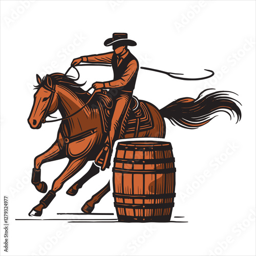 vector illustration of a Cowgirl and a cowboy riding a horse in the barrel competition 
