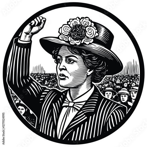 Vintage illustration, suffragette portrait, circular frame, black and white woodcut style, woman with hat and flower, raised fist, determined expression, Victorian era clothing, profile view,
