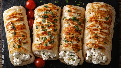 Four baked feta rolls on dark slate, cherry tomatoes, herbs photo