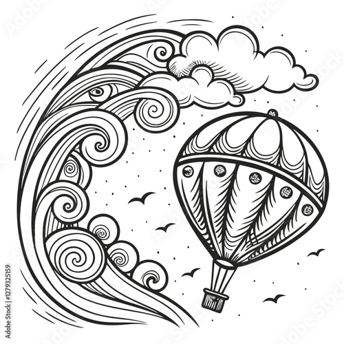 Whimsical sketch, hot air balloon, swirling clouds, ocean waves, spiraling wind currents, flying birds, hand-drawn style, black and white illustration, circular patterns, vintage etching, fantastical 