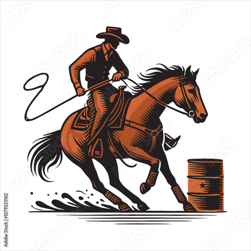 vector illustration of a Cowgirl and a cowboy riding a horse in the barrel competition 