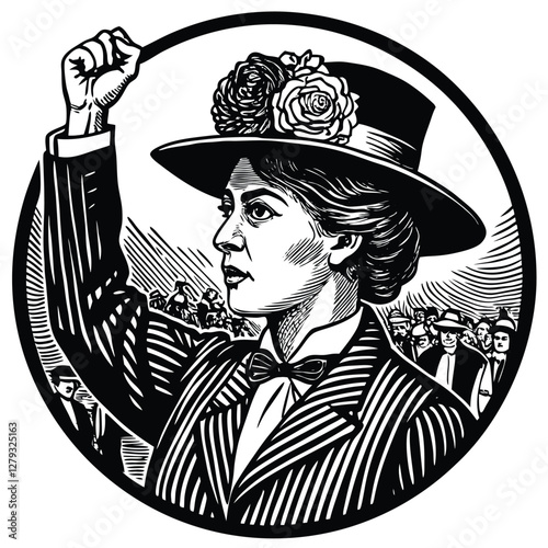 Vintage illustration, suffragette portrait, circular frame, black and white woodcut style, woman with hat and flower, raised fist, determined expression, Victorian era clothing, profile view, 