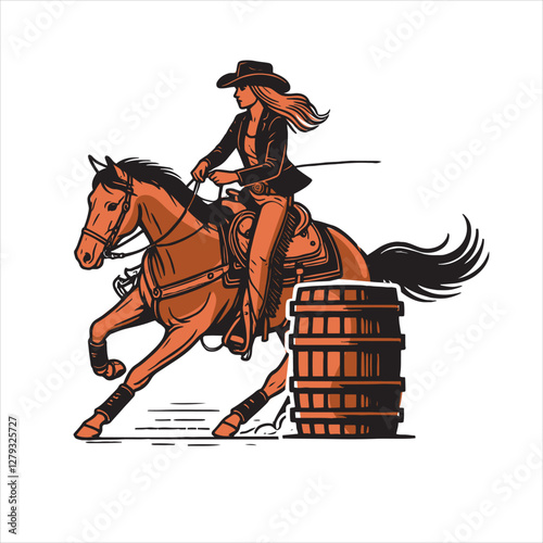 vector illustration of a Cowgirl and a cowboy riding a horse in the barrel competition 