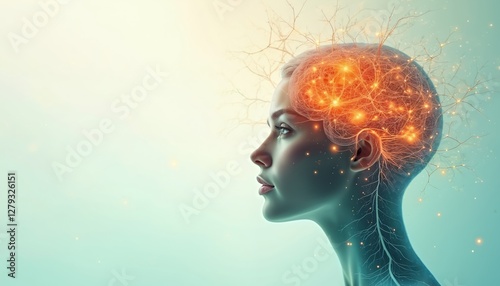Neuroscience illustration shows woman with glowing brain, nerve connections. Cognitive function, mental clarity, brain performance concept. Science of mind, understanding, consciousness,