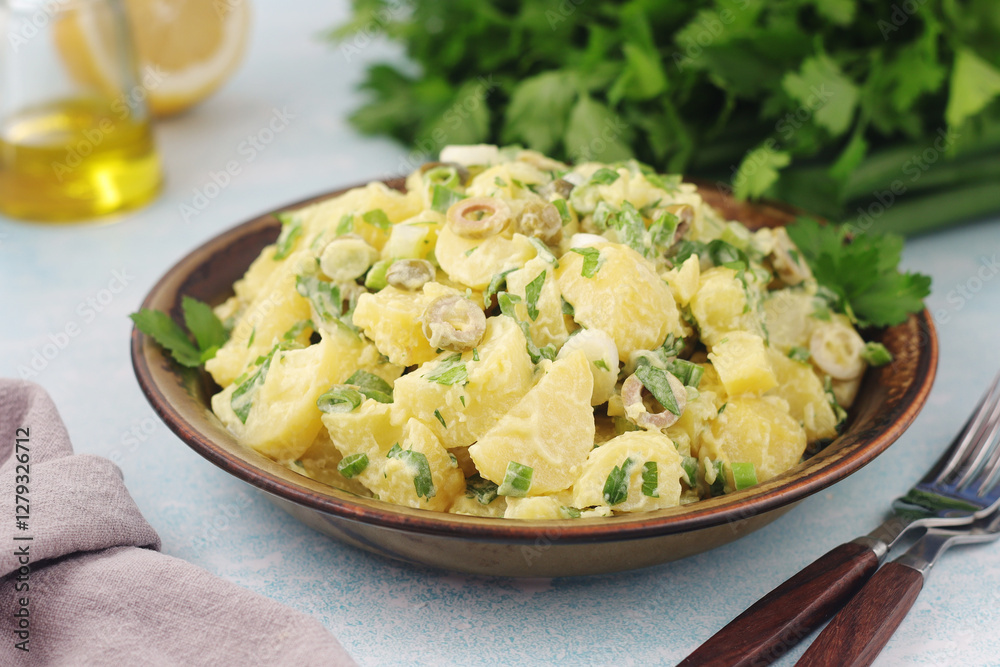 A bowl with Greek potato salads A bowl with Greek potato salads