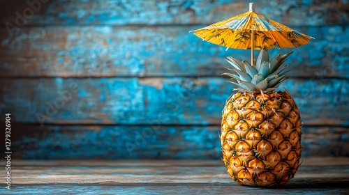 A refreshing tropical smoothie served in a pineapple shell with a paper umbrella