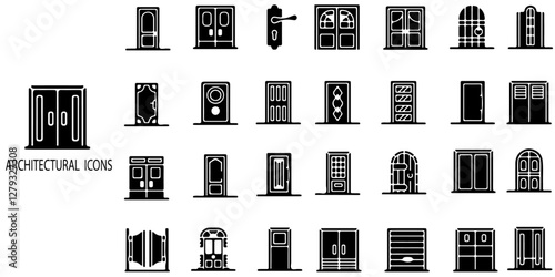 Architectural Door simple concept 28 icons set. Contain such enter, exit, doorbell, knock, open door, home, closed door, pull , push and more .Vector illustration.