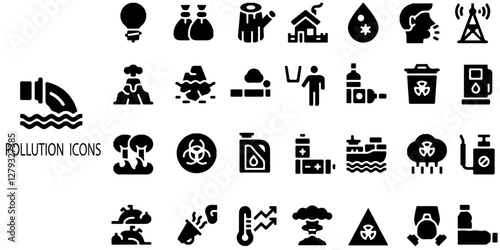 Pollution simple concept 28 icons set. Contain such waste, dust, noise pollution, protection, green energy and more .Vector illustration.