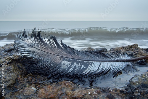 A striking close-up of a textured feather on rocks by the sea, showcasing intricate details with a blurred wave and horizon in the background, creating a serene atmosphere. photo