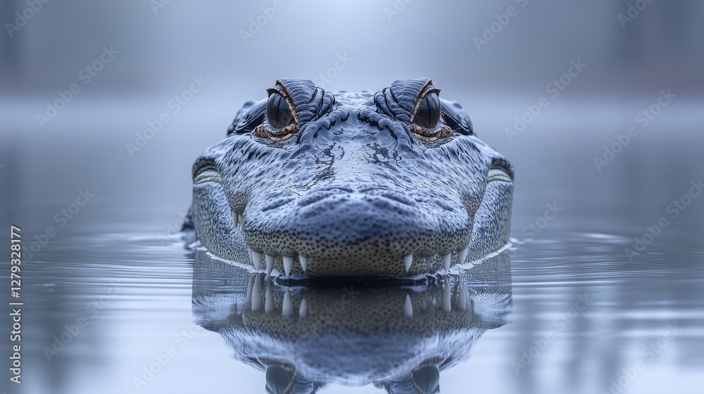 Obraz premium Majestic alligator's head emerges from calm water, showcasing detailed texture and intense gaze. A stunning wildlife image.