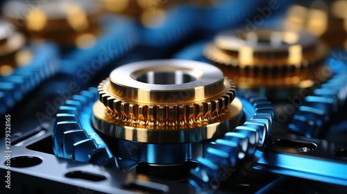 Close-up of Intricate Golden and Blue Gears: Precision Engineering and Mechanics