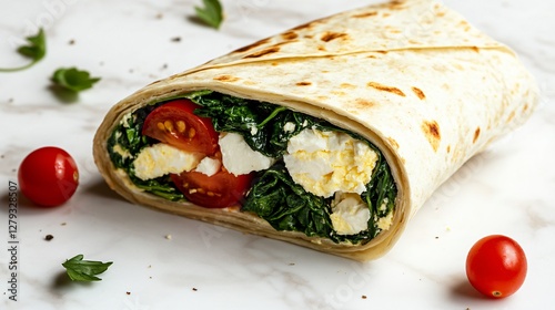 A gourmet-style egg white and spinach breakfast wrap, cut in half, revealing a vibrant filling of sauteed spinach, creamy feta, and cherry tomatoes, plated on a white marble surface with soft natural  photo