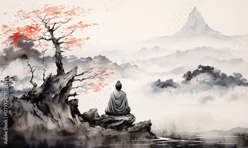 In a mountainous landscape on a raised edge we see a seated Buddha looking down on the landscape. Abstract painting of blurred ink.