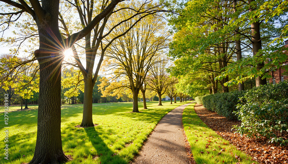Sunlit garden path lined with trees, serene outdoor ambiance Sunlit garden path lined with trees, serene outdoor ambiance