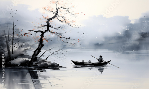 An old fisherman is sailing on a small boat in foggy morning weather. Japan traditional sumi-e. Ink painting smeared with a wet brush.