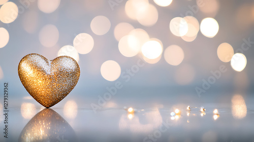 Gold heart is on a shiny surface with a blurry background The heart is surrounded by a lot of sparkles giving it a luxurious and elegant appearance Concept of warmth and love photo