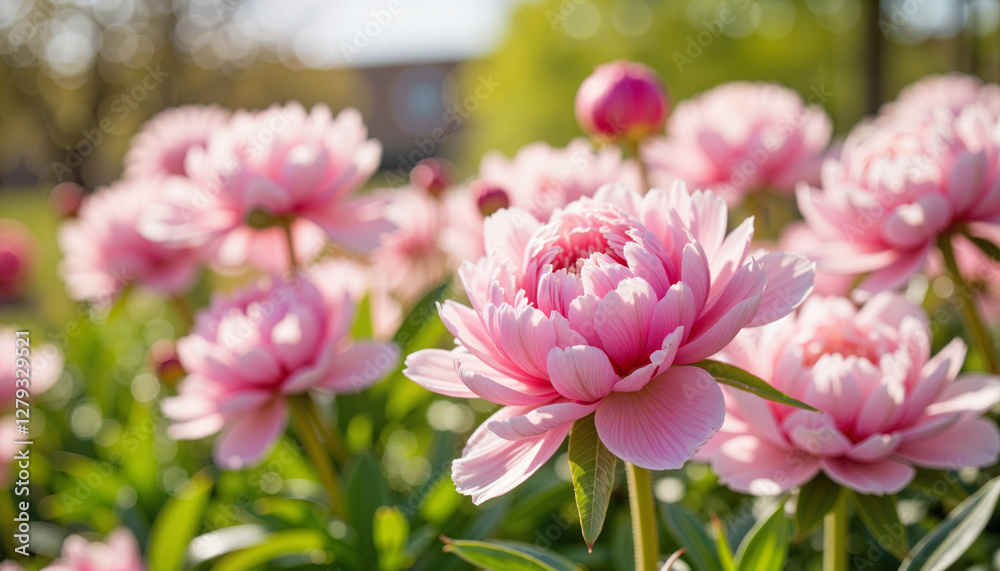 Freshly blooming peonies in formal garden on a clear spring day, renewal Freshly blooming peonies in formal garden on a clear spring day, renewal