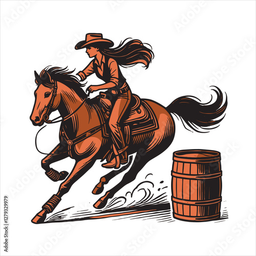 vector illustration of a Cowgirl and a cowboy riding a horse in the barrel competition 