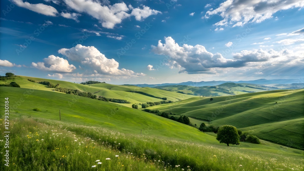 Fototapeta premium Rolling green hills under a bright blue sky peace