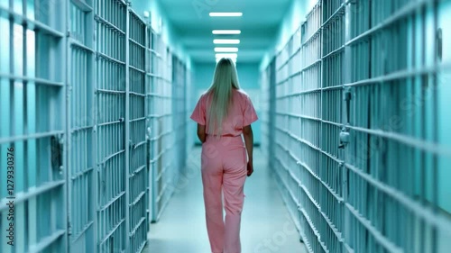 A female inmate in a pink jumpsuit walks down a long corridor with prison cells on either side, illuminated by bright lights overhead
