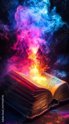 Magical Open Book with Enchanted Light and Colorful Smoke at Night Creating Mystical Atmosphere