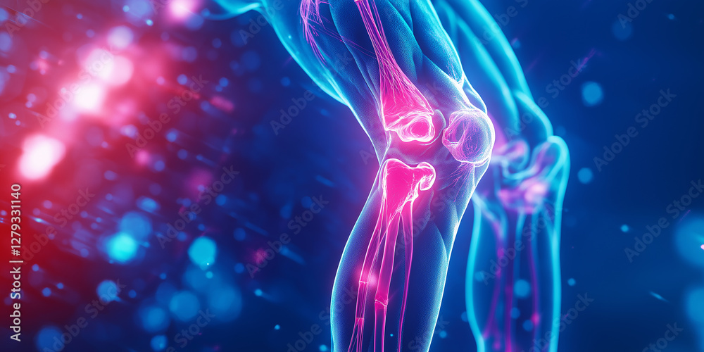 A close-up of the knee joint with pain, surrounded by blue and red color gradient background with glowing effects on an abstract geometric pattern A close-up of the knee joint with pain, surrounded by blue and red color gradient background with glowing effects on an abstract geometric pattern