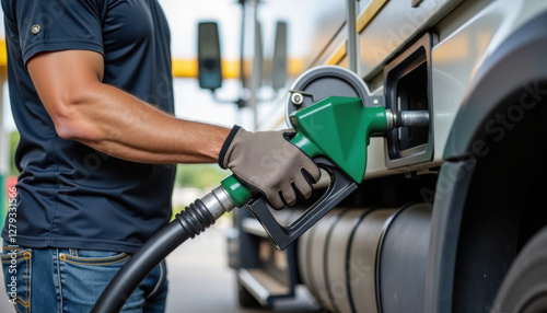 Man wearing gloves refueling truck with green nozzle at gas station
