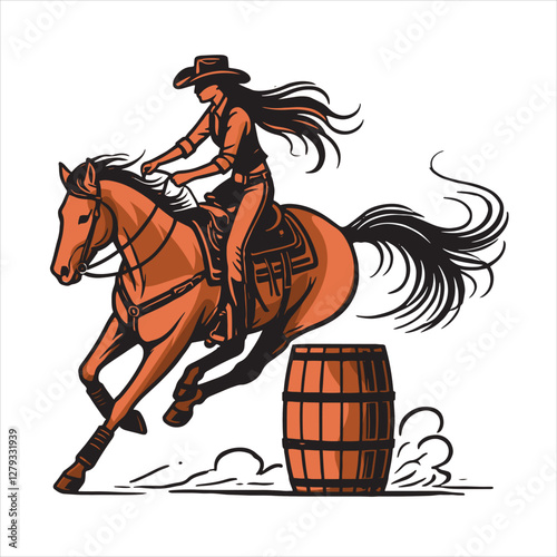 vector illustration of a Cowgirl and a cowboy riding a horse in the barrel competition 