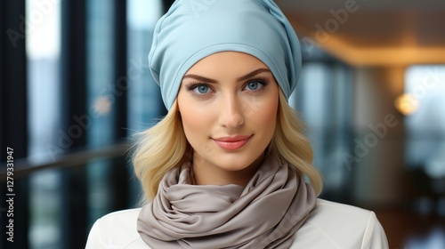 Stunning Blonde Model in a Light Blue Beanie and Taupe Scarf