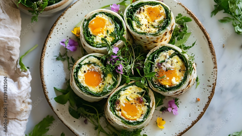 An overhead view of a breakfast wrap platter featuring multiple egg white and spinach wraps, garnished with fresh herbs, microgreens, and edible flowers, arranged on a white ceramic plate An overhead view of a breakfast wrap platter featuring multiple egg white and spinach wraps, garnished with fresh herbs, microgreens, and edible flowers, arranged on a white ceramic plate
