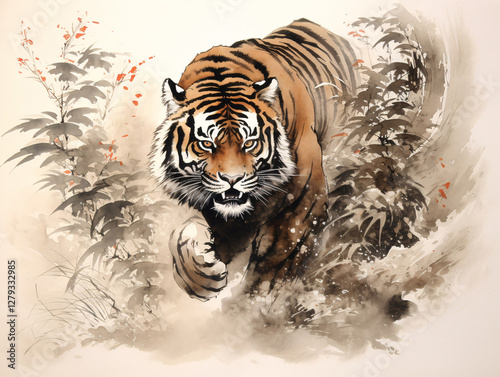 A dangerous tiger crawled out of its hiding place in the thicket. Ink painting smeared with a wet brush. Japan traditional sumi-e painting.