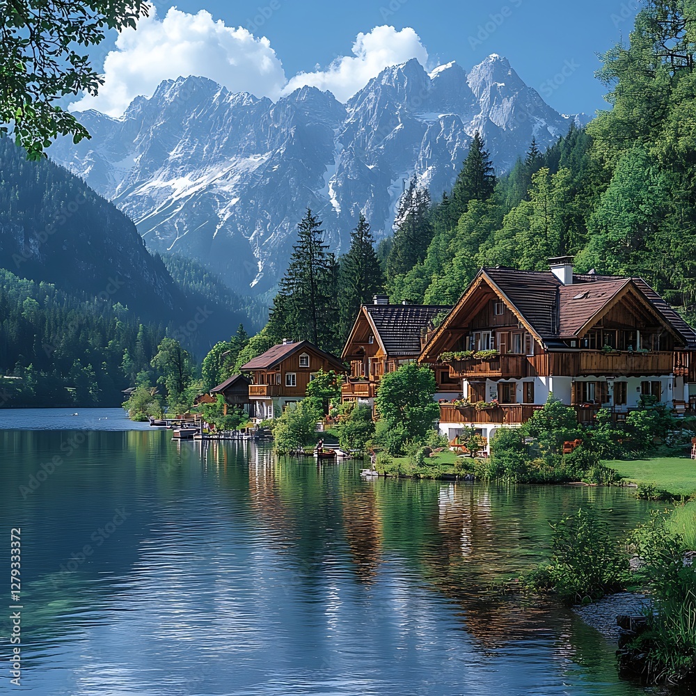 Naklejka premium Alpine Austrian village with lake and mountains high resolution hd picture