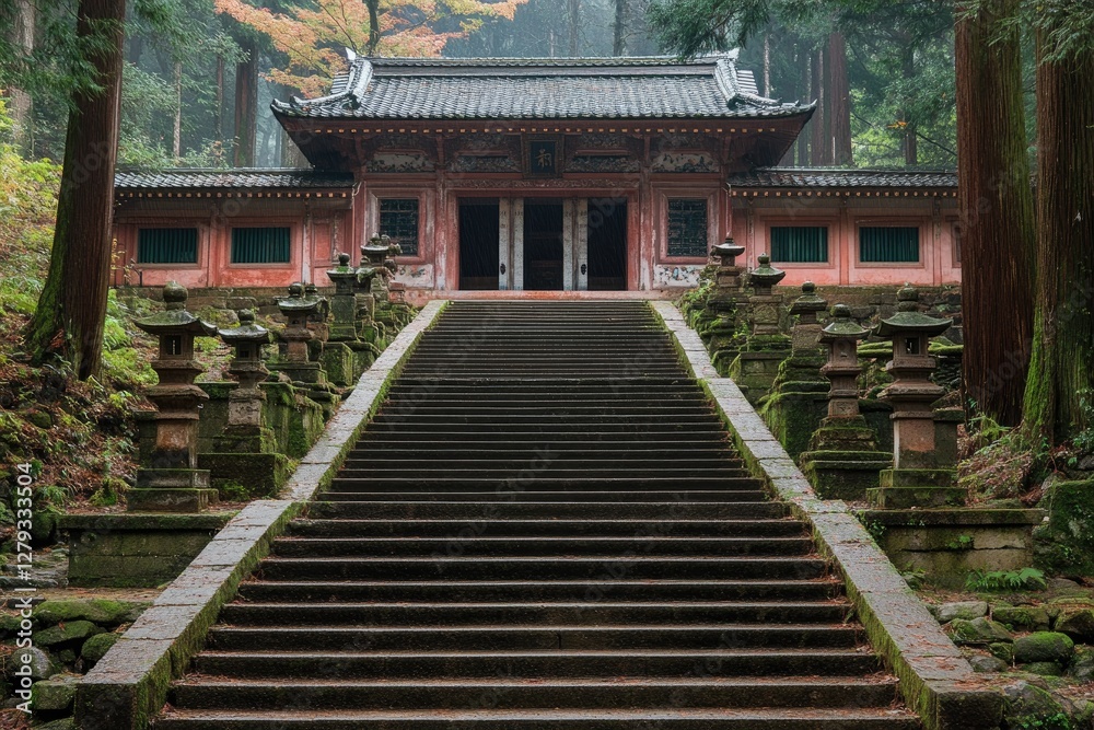 Moss-covered stone steps ascend to a serene Japanese temple, nestled in a misty forest. The image evokes tranquility and spirituality, perfect for travel or religious themes. Moss-covered stone steps ascend to a serene Japanese temple, nestled in a misty forest. The image evokes tranquility and spirituality, perfect for travel or religious themes.