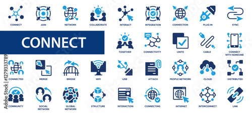 Connect flat icons set. Interaction, plug-in, cloud, join, cable, connected icons and more signs. Flat icon collection.
