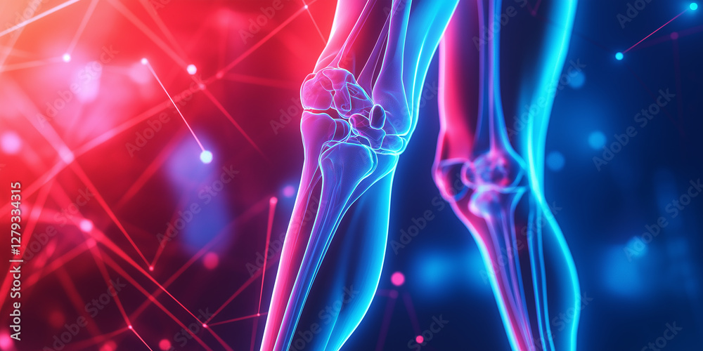 A close-up of the knee joint with pain, surrounded by blue and red color gradient background with glowing effects on an abstract geometric pattern A close-up of the knee joint with pain, surrounded by blue and red color gradient background with glowing effects on an abstract geometric pattern
