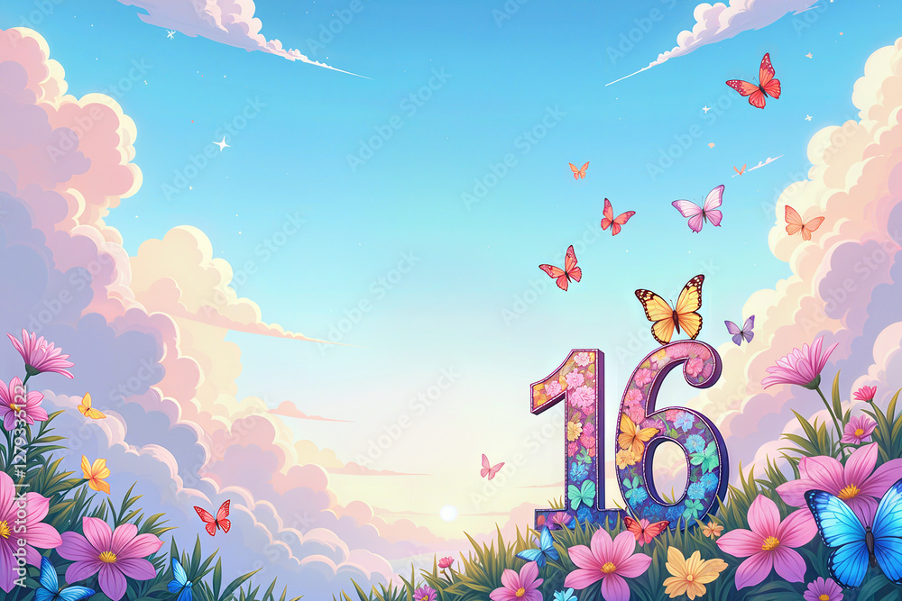Fototapeta premium Greeting card for 16 years. Vibrant sky with fluffy clouds, colorful butterflies, and blooming flowers celebrating a birthday.