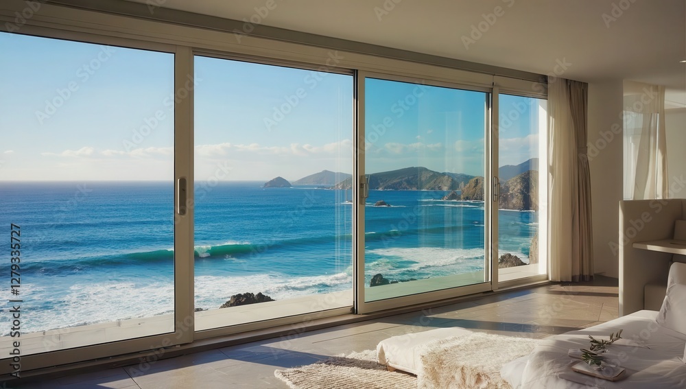 Fototapeta premium Beautiful view of the sea or ocean from a large window. Sunlight