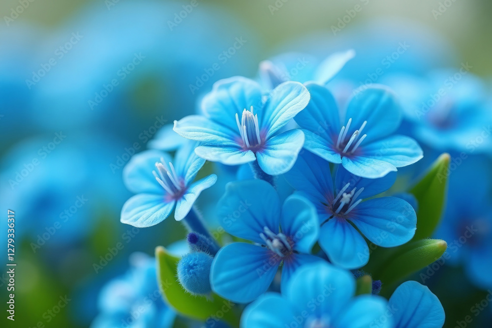Close-up of vibrant blue flowers, with green leaves on a soft blurred background Close-up of vibrant blue flowers, with green leaves on a soft blurred background