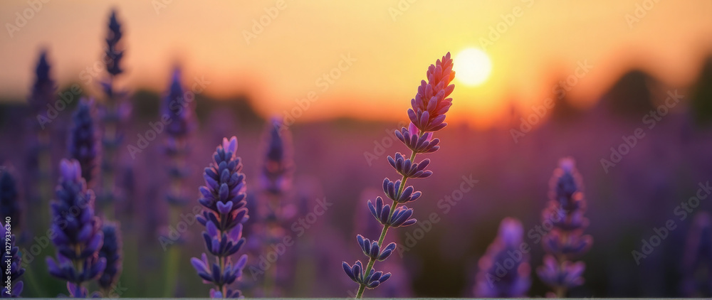 Naklejka premium Lavender flowers blooming during sunset, tranquility of nature