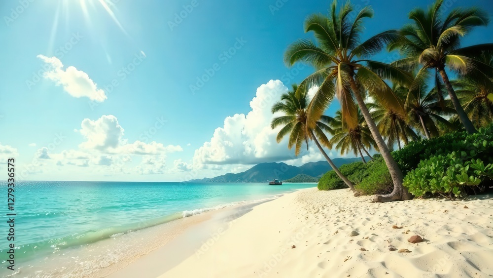 Fototapeta premium Tropical palm trees and sandy beach on blue sky background and sun loungers. Beautiful landscape. Screensaver, wallpaper. Vacation, travel and tourism concept
