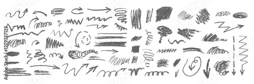 Charcoal pencil drawing elements. Grunge arrows and decorative strokes, various scribbles, curls. Isolated grey coal draw, lines and blocks vector set