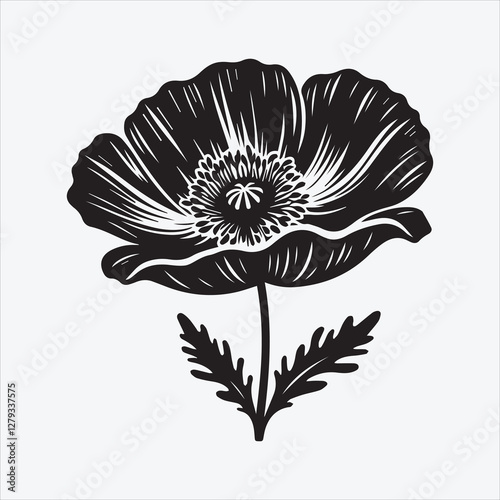 Poppy Flower Silhouette in Black and White for Elegant Floral Art and Design Projects