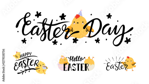 Easter handwriting phrases with cute yellow chicken. Happy Easter, spring holidays congratulated banners or stickers, decorative vector elements