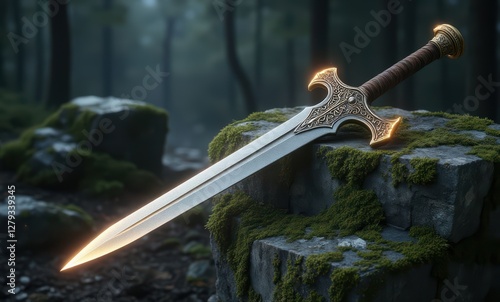 Intricate sword resting on mossy rock