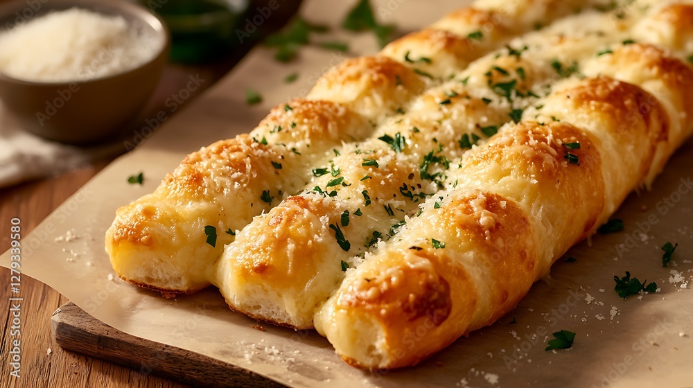 A warm, cheesy garlic breadstick topped with Parmesan and parsley A warm, cheesy garlic breadstick topped with Parmesan and parsley